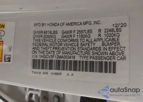 2021 Honda Accord Hybrid from USA, damaged, VIN 1HGCV3F12MA003418